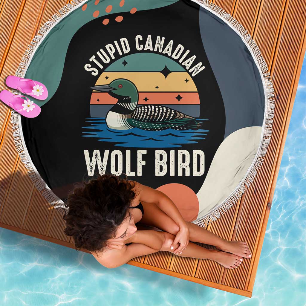 Stupid Canadian Wolf Bird Beach Blanket with Retro Sunset Stripe Pattern