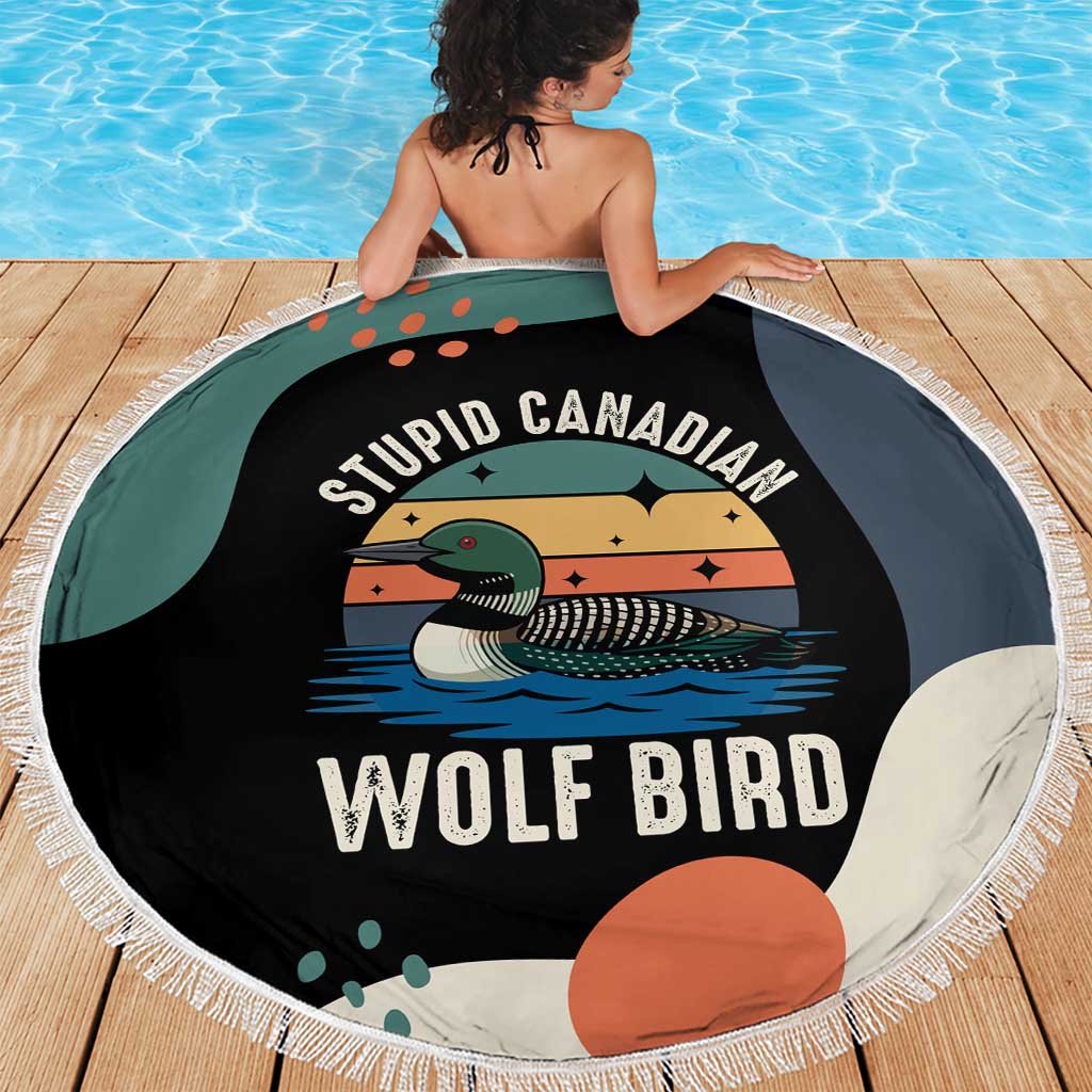 Stupid Canadian Wolf Bird Beach Blanket with Retro Sunset Stripe Pattern