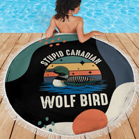 Stupid Canadian Wolf Bird Beach Blanket with Retro Sunset Stripe Pattern