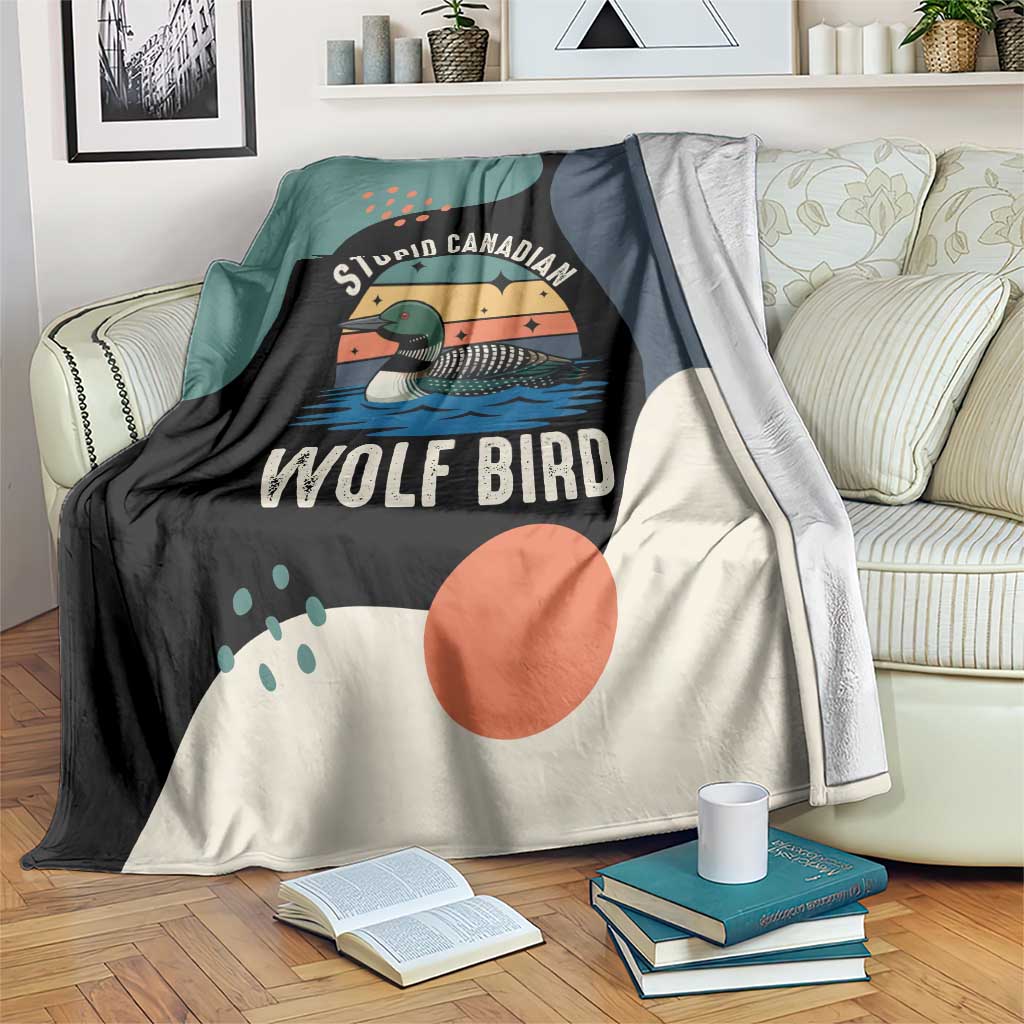 Stupid Canadian Wolf Bird Blanket with Retro Sunset Stripe Pattern