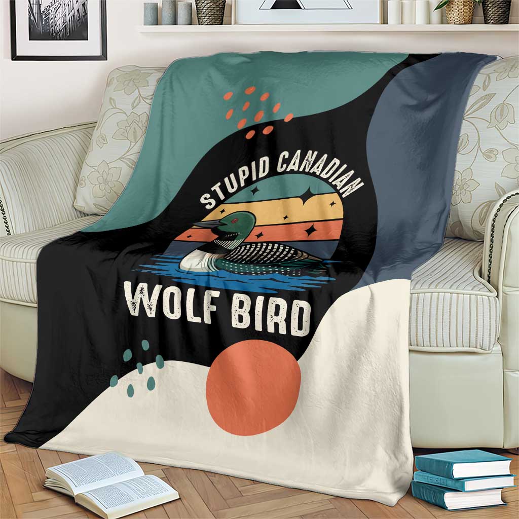 Stupid Canadian Wolf Bird Blanket with Retro Sunset Stripe Pattern