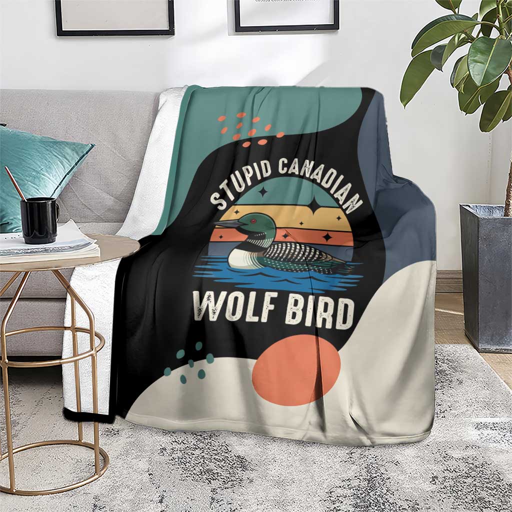 Stupid Canadian Wolf Bird Blanket with Retro Sunset Stripe Pattern
