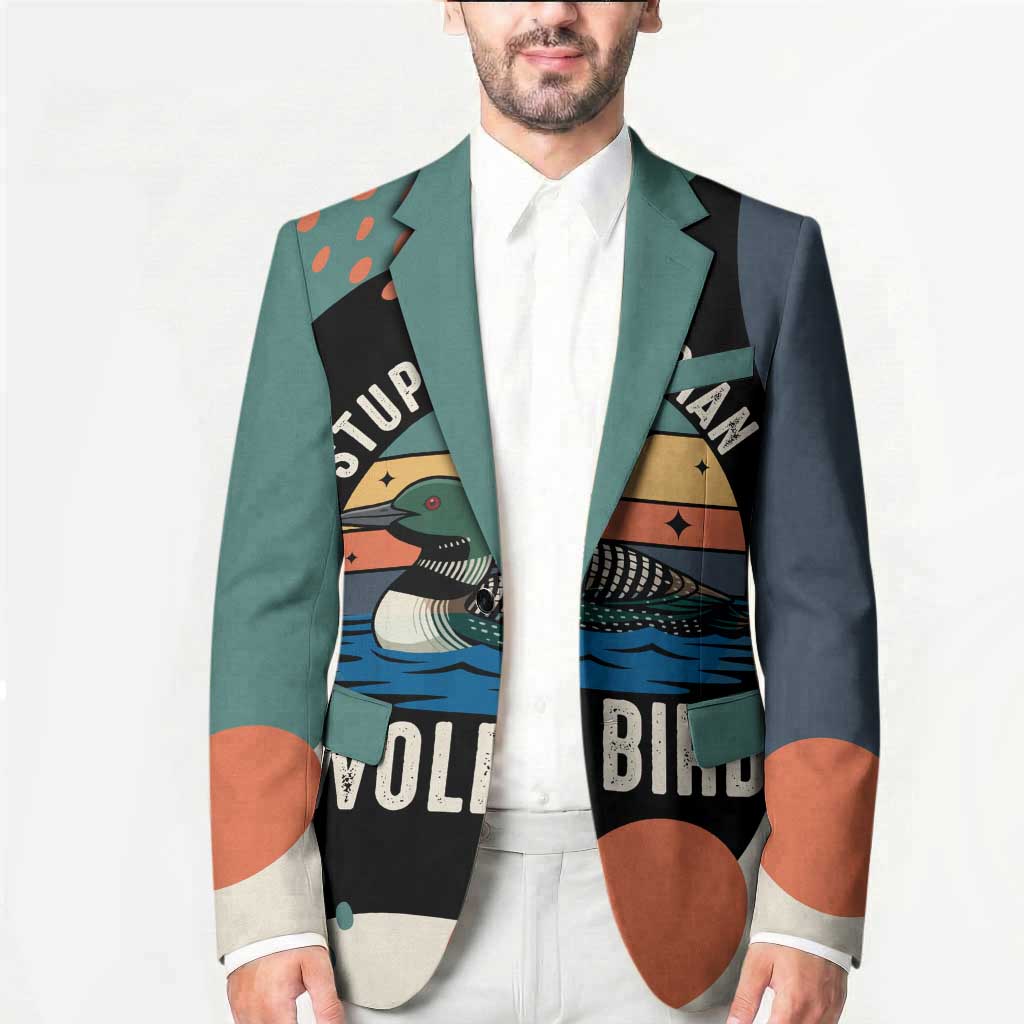 Stupid Canadian Wolf Bird Blazer with Retro Sunset Stripe Pattern