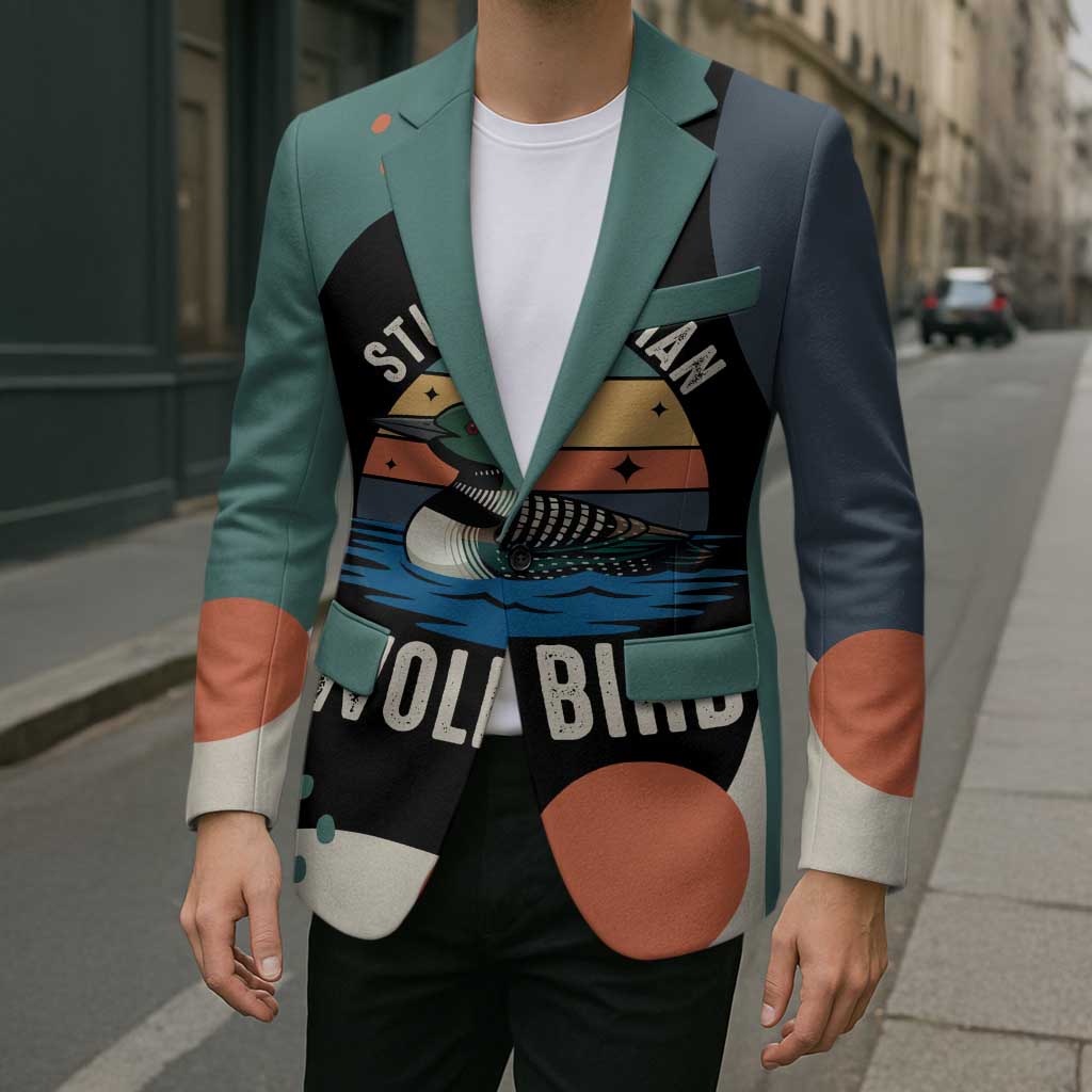Stupid Canadian Wolf Bird Blazer with Retro Sunset Stripe Pattern