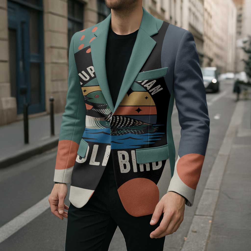 Stupid Canadian Wolf Bird Blazer with Retro Sunset Stripe Pattern