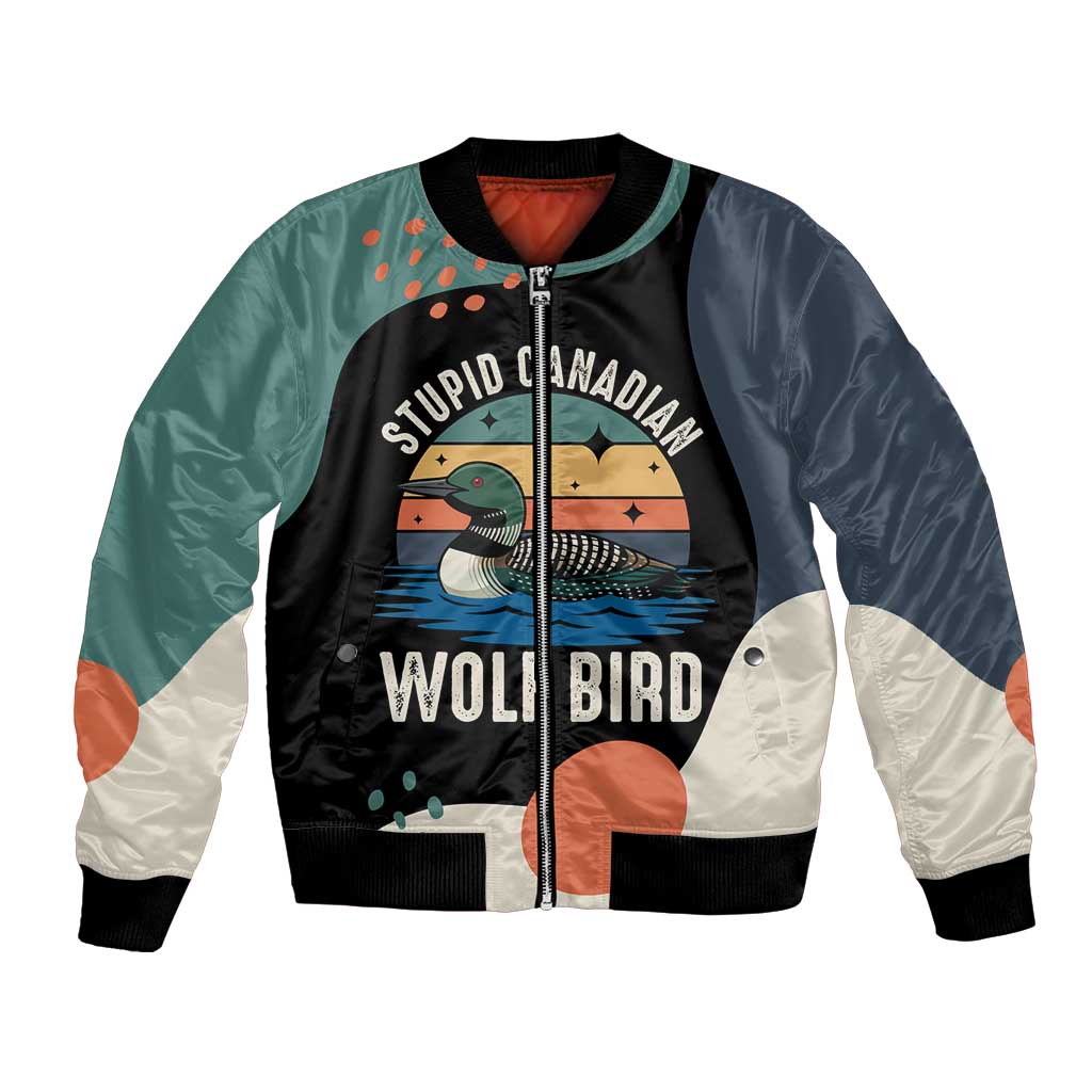 Stupid Canadian Wolf Bird Bomber Jacket with Retro Sunset Stripe Pattern
