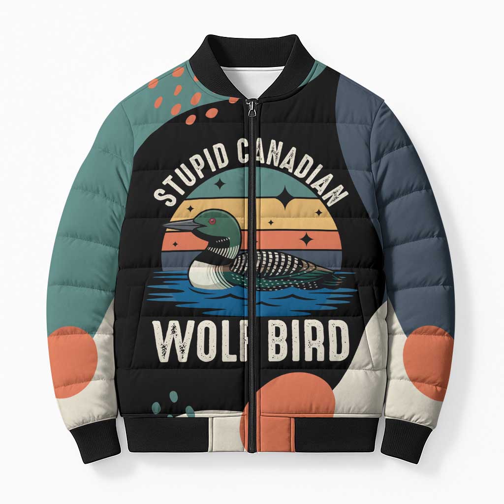 Stupid Canadian Wolf Bird Bomber Puffer Jacket with Retro Sunset Stripe Pattern