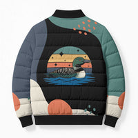 Stupid Canadian Wolf Bird Bomber Puffer Jacket with Retro Sunset Stripe Pattern
