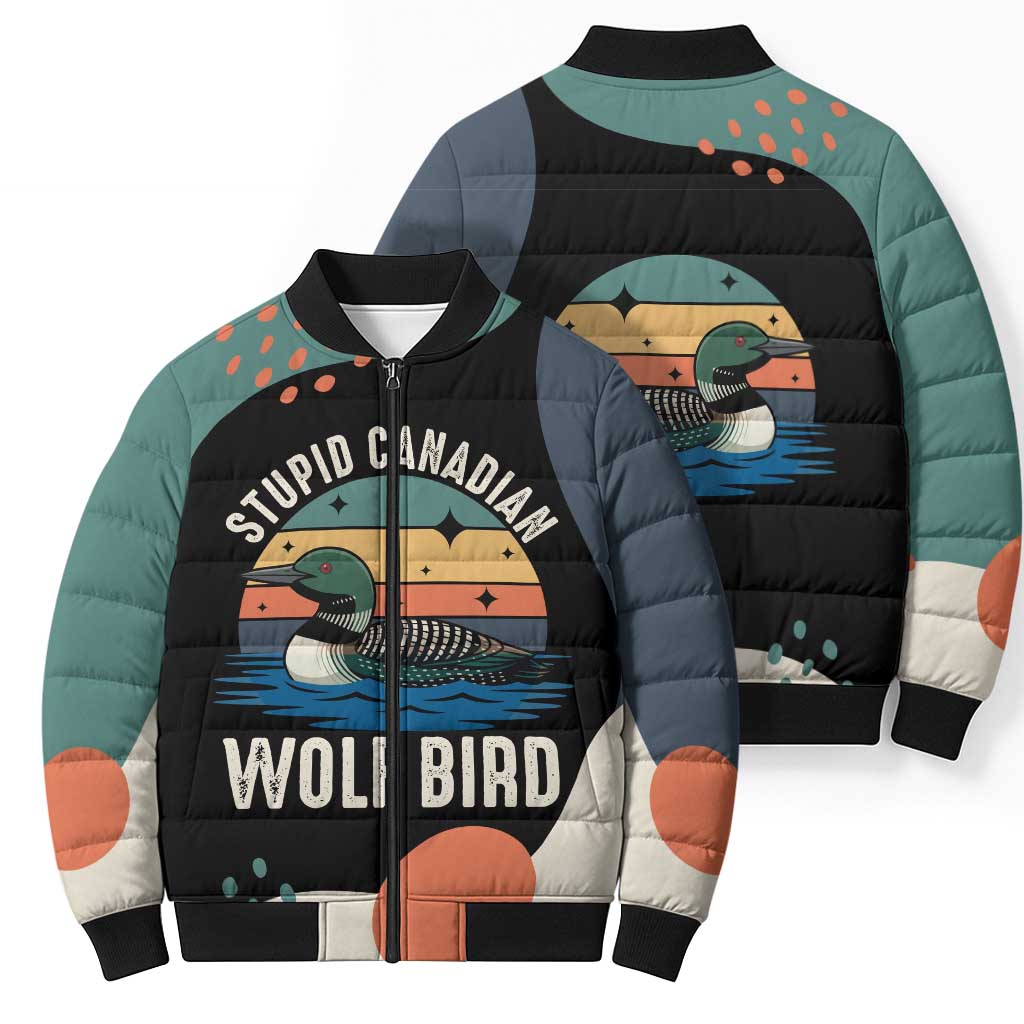 Stupid Canadian Wolf Bird Bomber Puffer Jacket with Retro Sunset Stripe Pattern