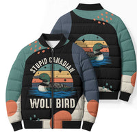 Stupid Canadian Wolf Bird Bomber Puffer Jacket with Retro Sunset Stripe Pattern