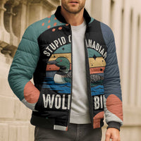 Stupid Canadian Wolf Bird Bomber Puffer Jacket with Retro Sunset Stripe Pattern