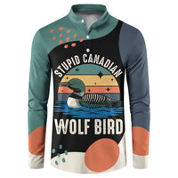 Stupid Canadian Wolf Bird Button Sweatshirt with Retro Sunset Stripe Pattern