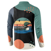 Stupid Canadian Wolf Bird Button Sweatshirt with Retro Sunset Stripe Pattern