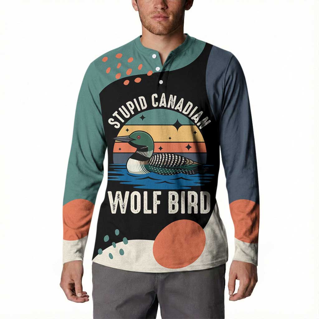 Stupid Canadian Wolf Bird Button Sweatshirt with Retro Sunset Stripe Pattern