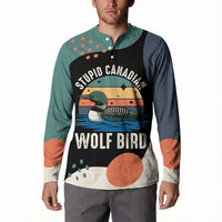 Stupid Canadian Wolf Bird Button Sweatshirt with Retro Sunset Stripe Pattern
