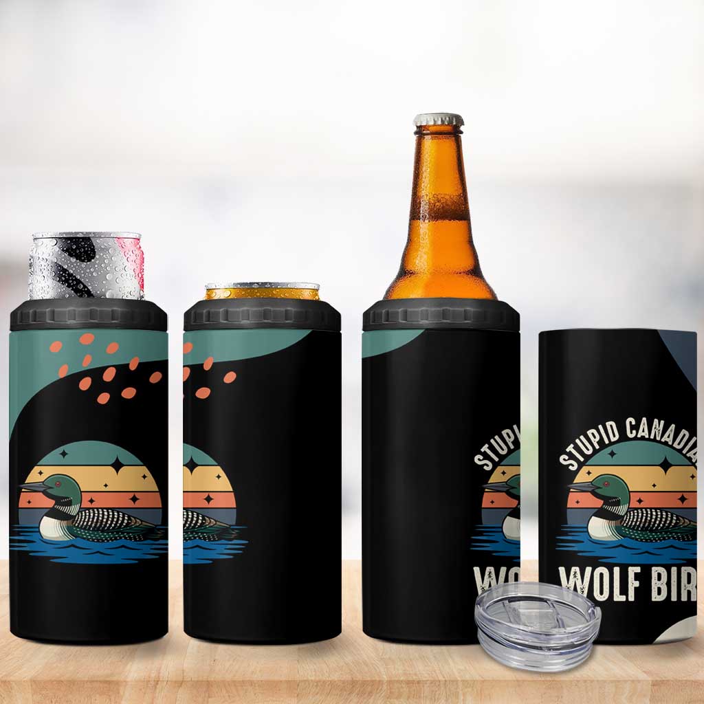 Stupid Canadian Wolf Bird 4 in 1 Can Cooler Tumbler with Retro Sunset Stripe Pattern