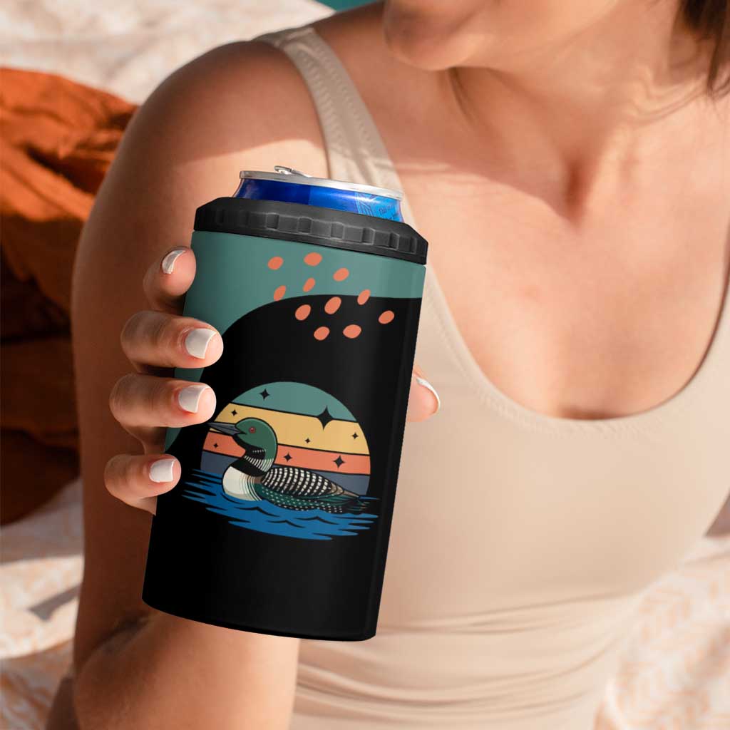 Stupid Canadian Wolf Bird 4 in 1 Can Cooler Tumbler with Retro Sunset Stripe Pattern