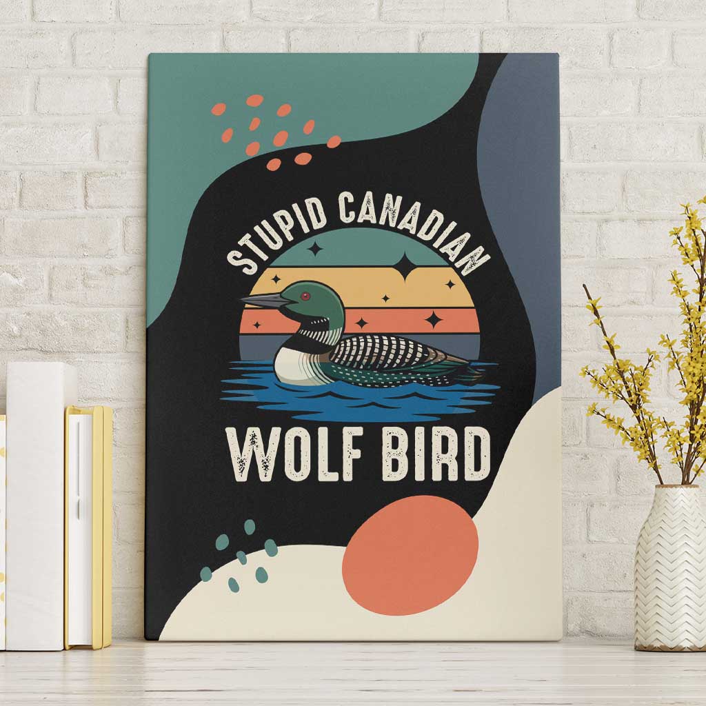 Stupid Canadian Wolf Bird Canvas Wall Art with Retro Sunset Stripe Pattern