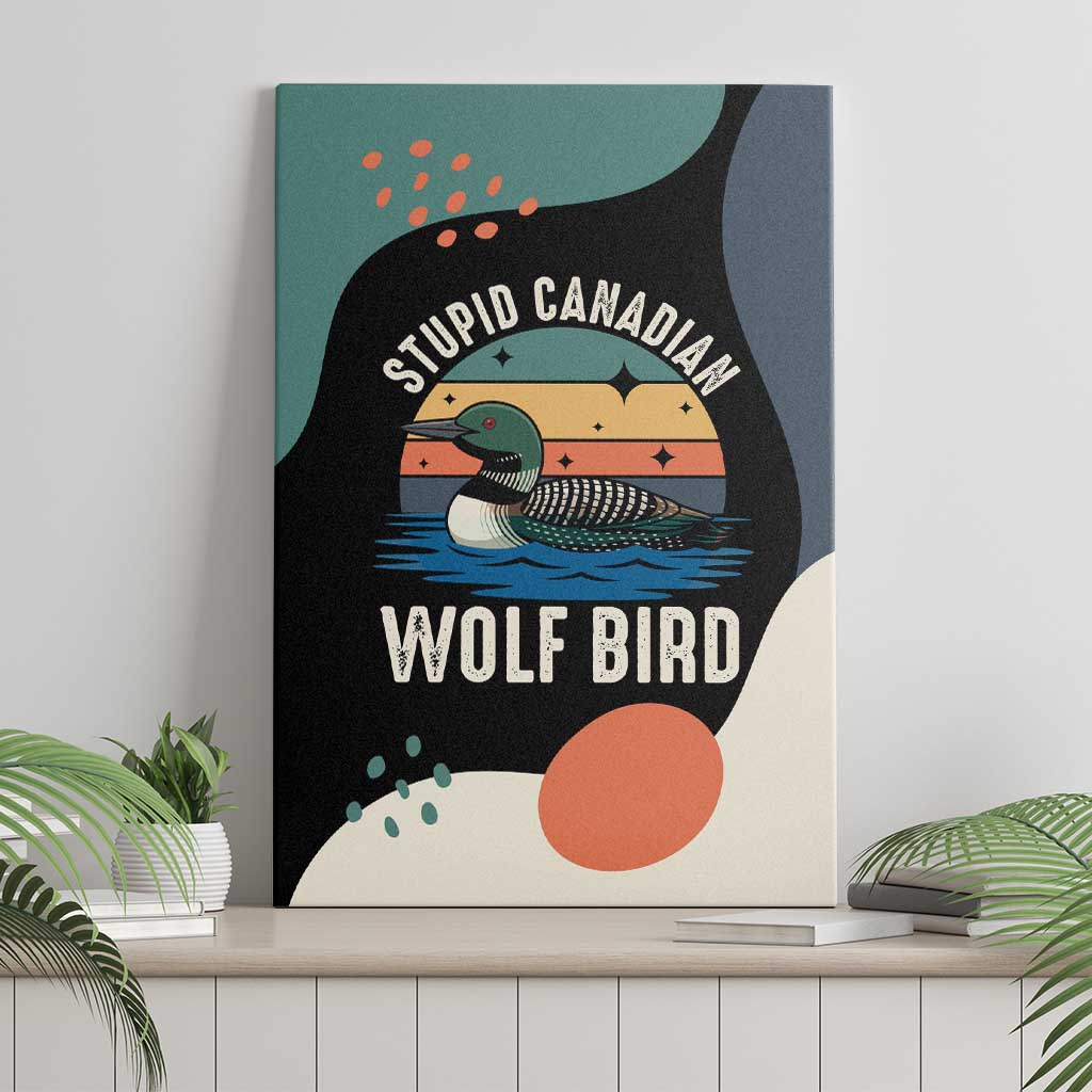 Stupid Canadian Wolf Bird Canvas Wall Art with Retro Sunset Stripe Pattern