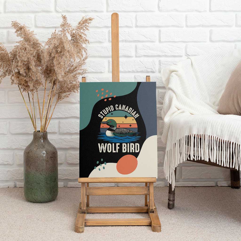 Stupid Canadian Wolf Bird Canvas Wall Art with Retro Sunset Stripe Pattern