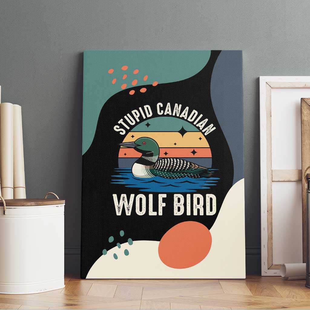 Stupid Canadian Wolf Bird Canvas Wall Art with Retro Sunset Stripe Pattern