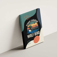 Stupid Canadian Wolf Bird Canvas Wall Art with Retro Sunset Stripe Pattern