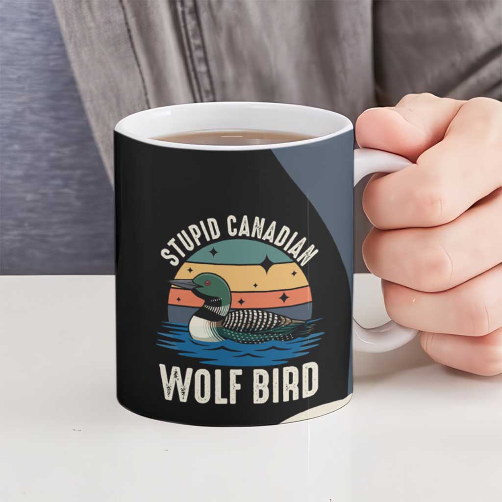 Stupid Canadian Wolf Bird Ceramic Mug with Retro Sunset Stripe Pattern