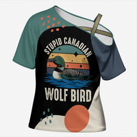 Stupid Canadian Wolf Bird Cross Shoulder Shirt with Retro Sunset Stripe Pattern