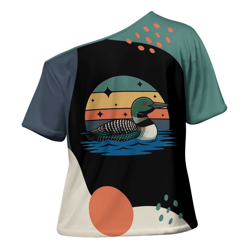 Stupid Canadian Wolf Bird Cross Shoulder Shirt with Retro Sunset Stripe Pattern