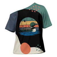 Stupid Canadian Wolf Bird Cross Shoulder Shirt with Retro Sunset Stripe Pattern