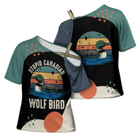 Stupid Canadian Wolf Bird Cross Shoulder Shirt with Retro Sunset Stripe Pattern