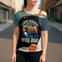 Stupid Canadian Wolf Bird Cross Shoulder Shirt with Retro Sunset Stripe Pattern