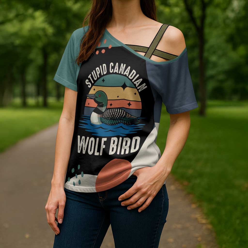 Stupid Canadian Wolf Bird Cross Shoulder Shirt with Retro Sunset Stripe Pattern