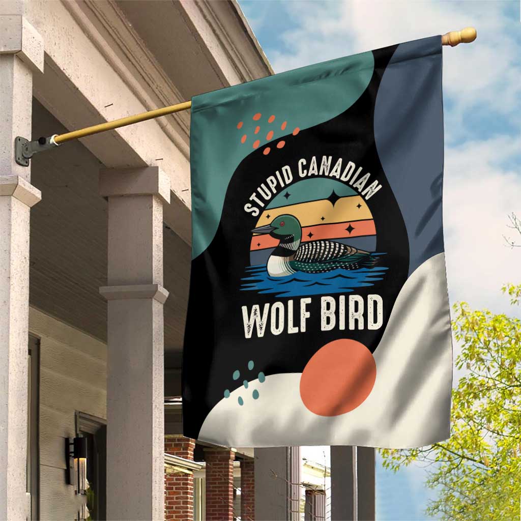 Stupid Canadian Wolf Bird Garden Flag with Retro Sunset Stripe Pattern