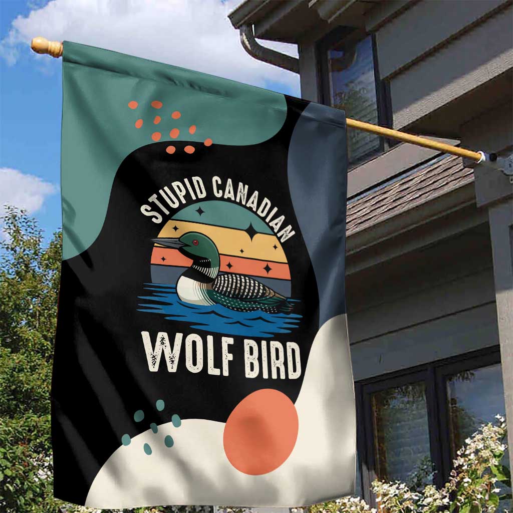 Stupid Canadian Wolf Bird Garden Flag with Retro Sunset Stripe Pattern