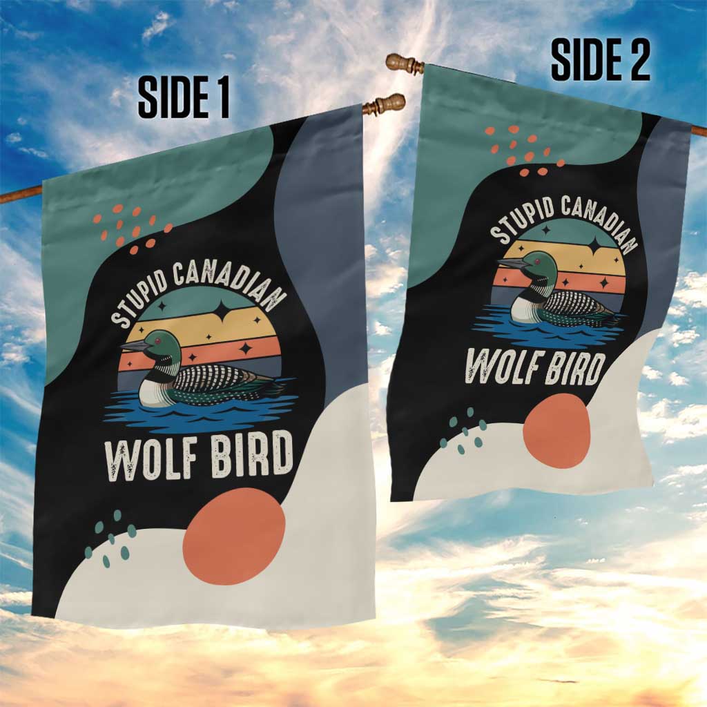 Stupid Canadian Wolf Bird Garden Flag with Retro Sunset Stripe Pattern