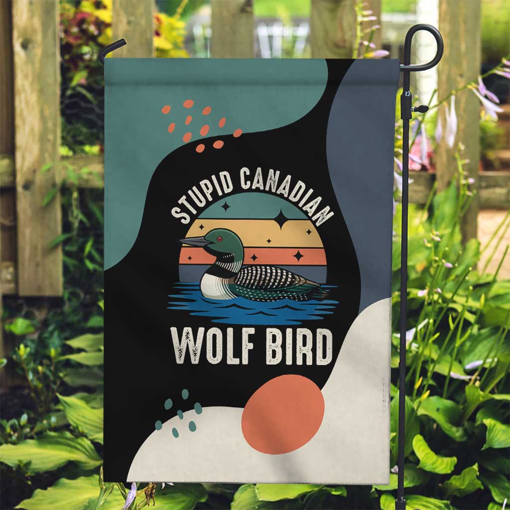 Stupid Canadian Wolf Bird Garden Flag with Retro Sunset Stripe Pattern