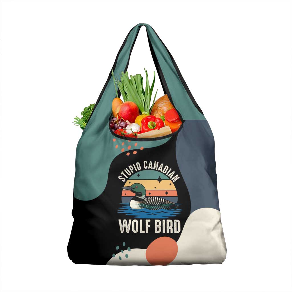 Stupid Canadian Wolf Bird Grocery Bag with Retro Sunset Stripe Pattern