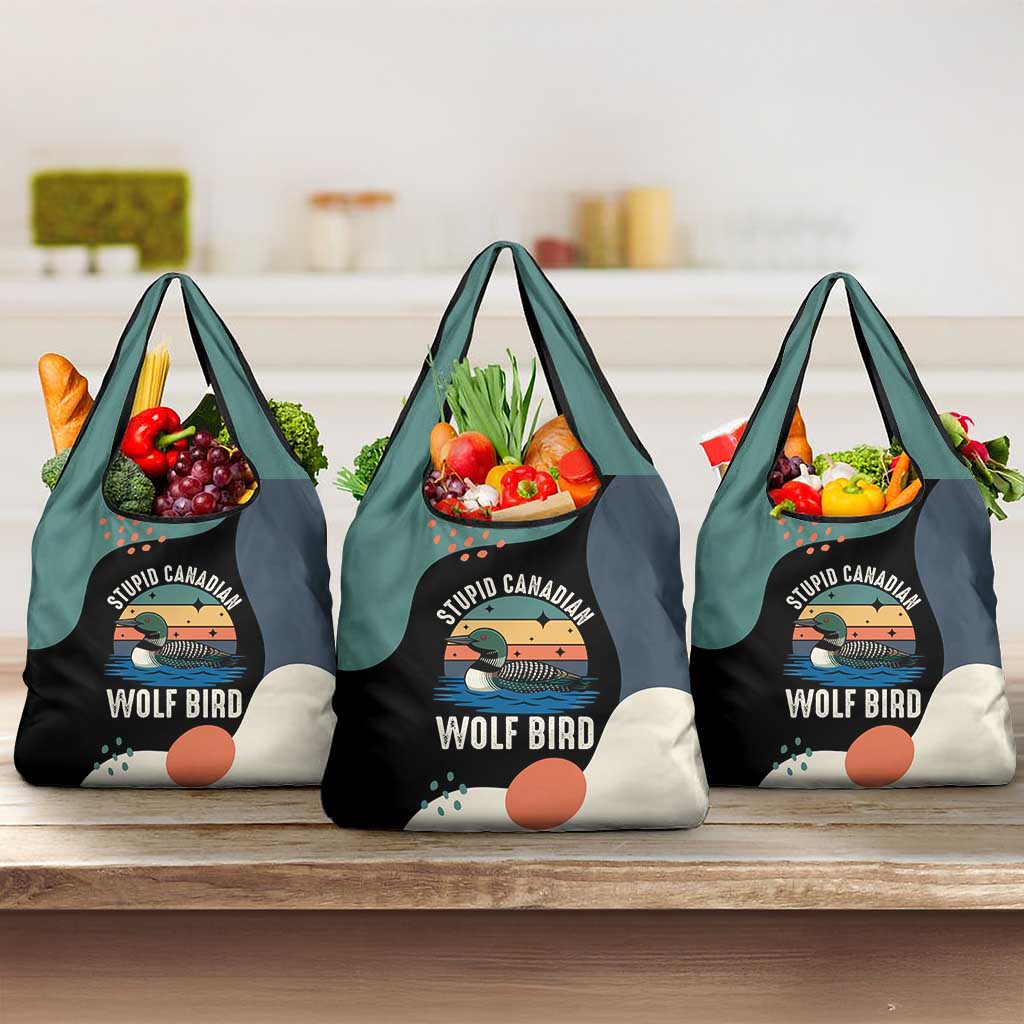 Stupid Canadian Wolf Bird Grocery Bag with Retro Sunset Stripe Pattern