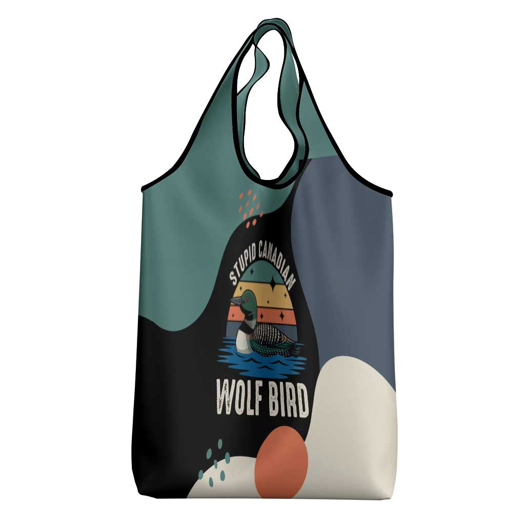 Stupid Canadian Wolf Bird Grocery Bag with Retro Sunset Stripe Pattern