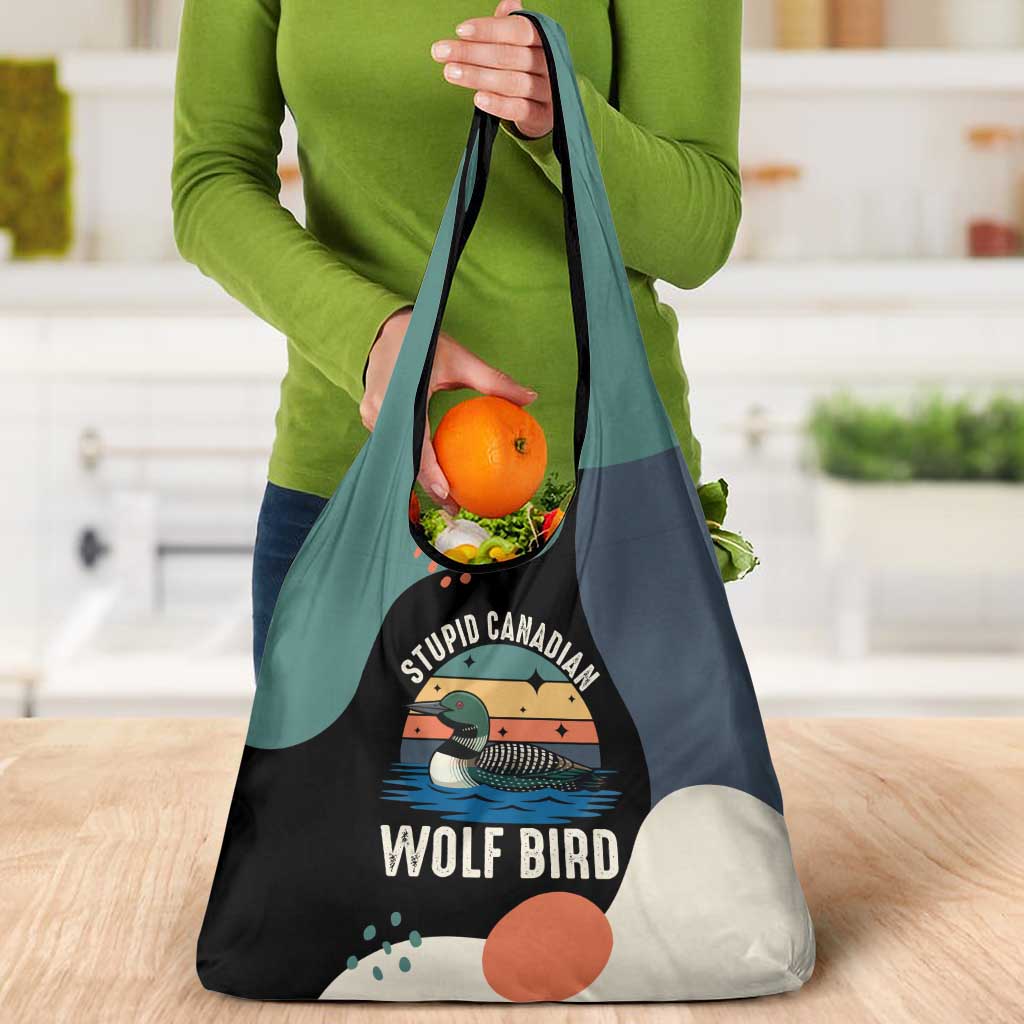 Stupid Canadian Wolf Bird Grocery Bag with Retro Sunset Stripe Pattern