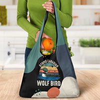 Stupid Canadian Wolf Bird Grocery Bag with Retro Sunset Stripe Pattern