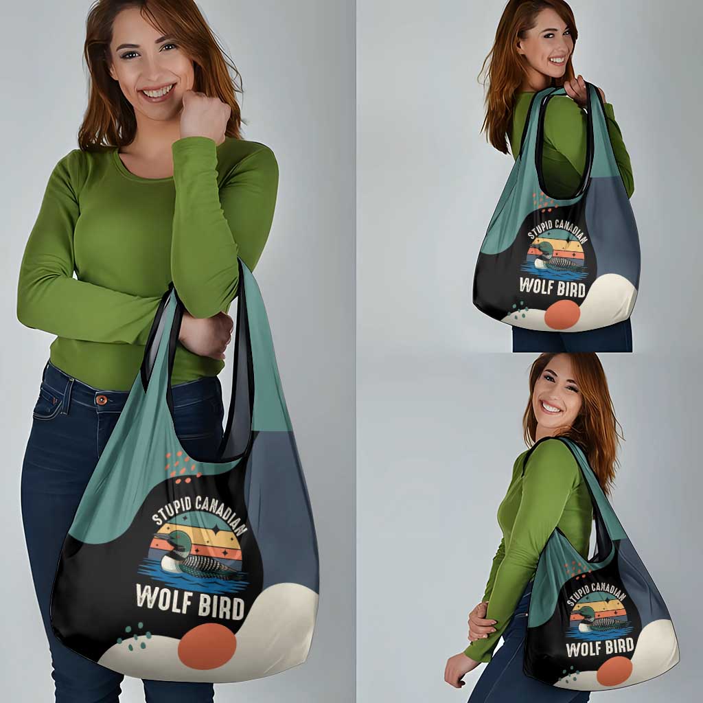 Stupid Canadian Wolf Bird Grocery Bag with Retro Sunset Stripe Pattern