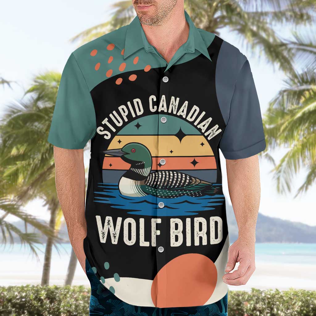Stupid Canadian Wolf Bird Hawaiian Shirt with Retro Sunset Stripe Pattern