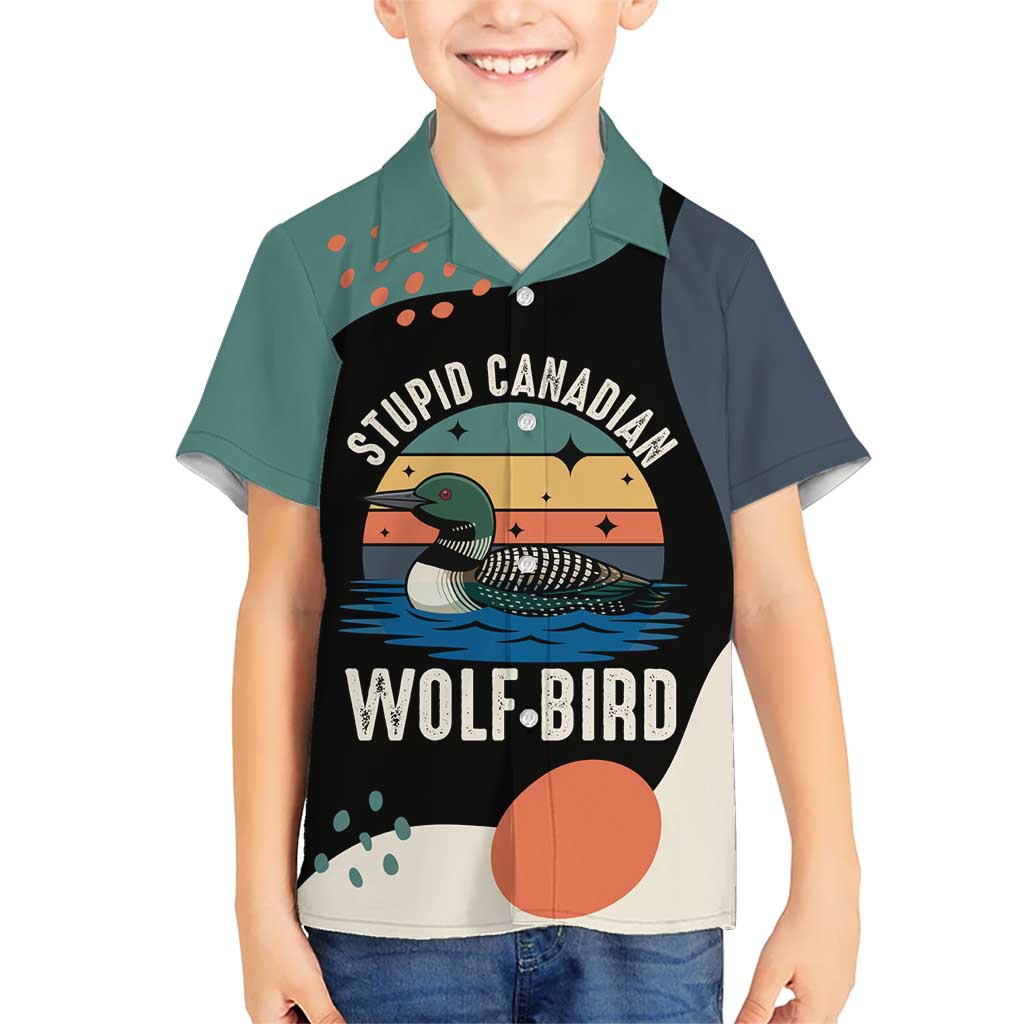 Stupid Canadian Wolf Bird Hawaiian Shirt with Retro Sunset Stripe Pattern