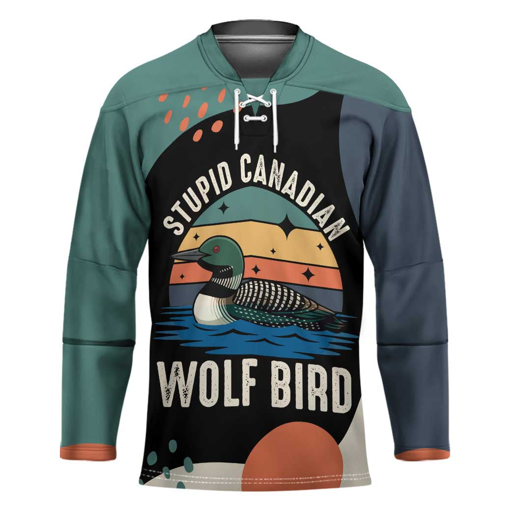 Stupid Canadian Wolf Bird Hockey Jersey with Retro Sunset Stripe Pattern