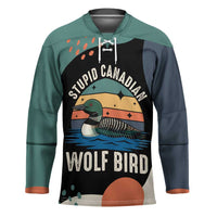 Stupid Canadian Wolf Bird Hockey Jersey with Retro Sunset Stripe Pattern