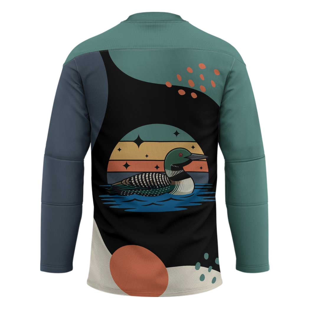Stupid Canadian Wolf Bird Hockey Jersey with Retro Sunset Stripe Pattern