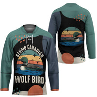 Stupid Canadian Wolf Bird Hockey Jersey with Retro Sunset Stripe Pattern