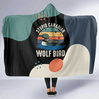 Stupid Canadian Wolf Bird Hooded Blanket with Retro Sunset Stripe Pattern